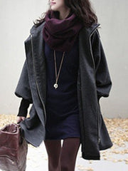 Hooded Drawstring Plain Batwing Sleeve Coat