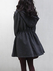 Hooded Drawstring Plain Batwing Sleeve Coat