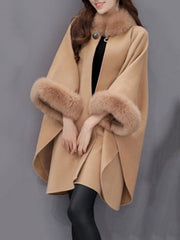 Faux Fur Collar Frayed Trim Plain Batwing Sleeve Coat