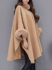 Faux Fur Collar Frayed Trim Plain Batwing Sleeve Coat