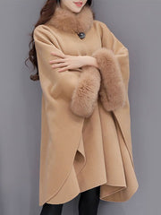 Faux Fur Collar Frayed Trim Plain Batwing Sleeve Coat