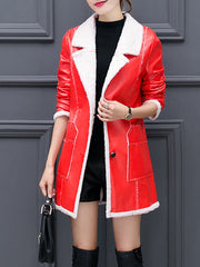 Lapel Patch Pocket PU Leather Fleece Lined Trench Coat
