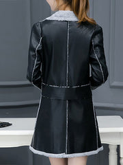 Lapel Patch Pocket PU Leather Fleece Lined Trench Coat