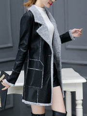 Lapel Patch Pocket PU Leather Fleece Lined Trench Coat