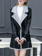 Lapel Patch Pocket PU Leather Fleece Lined Trench Coat