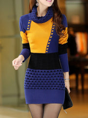 Turtleneck Color Block Knitted Mini Bodycon Dress