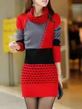 Turtleneck Color Block Knitted Mini Bodycon Dress