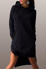 Hooded Asymmetric Hem Drawstring Plain Casual Dresses