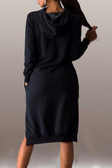 Hooded Asymmetric Hem Drawstring Plain Casual Dresses