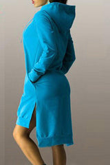 Hooded Asymmetric Hem Drawstring Plain Casual Dresses