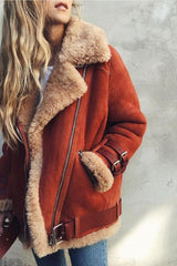 Faux Fur Collar Lapel Zipper Plain Jackets