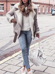 Faux Fur Collar Lapel Zipper Plain Jackets