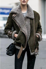 Faux Fur Collar Lapel Zipper Plain Jackets