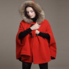 Hooded Fur Poncho Wool Coat Loose Poncho Outwear