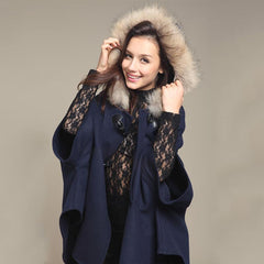 Hooded Fur Poncho Wool Coat Loose Poncho Outwear