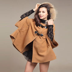 Hooded Fur Poncho Wool Coat Loose Poncho Outwear