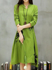 Green Stand Collar Floral Casual Dress