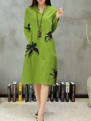 Green Stand Collar Floral Casual Dress