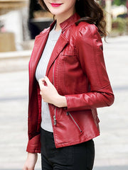 Lapel Zips Plain PU Leather Biker Jacket