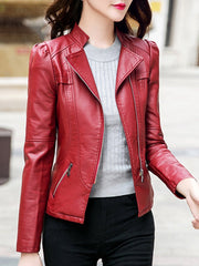 Lapel Zips Plain PU Leather Biker Jacket