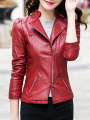 Lapel Zips Plain PU Leather Biker Jacket