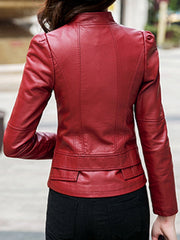 Lapel Zips Plain PU Leather Biker Jacket