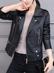 Lapel Zips Plain PU Leather Jacket