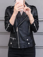 Lapel Zips Plain PU Leather Jacket