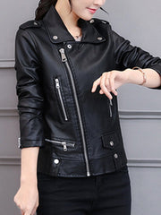 Lapel Zips Plain PU Leather Jacket