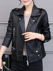 Lapel Zips Plain PU Leather Jacket
