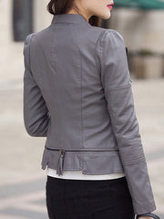 Lapel Zips PU Leather Plain Biker Jacket
