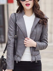 Lapel Zips PU Leather Plain Biker Jacket