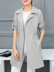 Lapel Double Breasted Drawstring Plain Roll-Up Sleeve Trench Coat