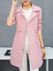 Lapel Double Breasted Drawstring Plain Roll-Up Sleeve Trench Coat
