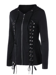 Lace-Up Zips Plain Long Sleeve Hoodies