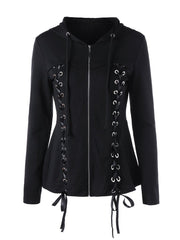 Lace-Up Zips Plain Long Sleeve Hoodies