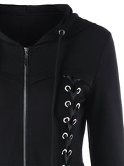 Lace-Up Zips Plain Long Sleeve Hoodies