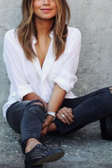 Turn Down Collar Single Breasted Plain Blouses