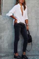 Turn Down Collar Single Breasted Plain Blouses