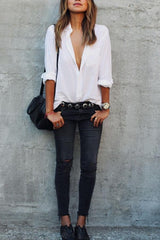 Turn Down Collar Single Breasted Plain Blouses