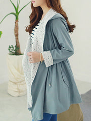 Hooded Drawstring Plain Long Sleeve Trench Coats