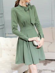 Tie Collar Bowknot Plain Skater Dress