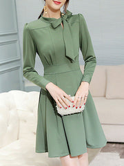 Tie Collar Bowknot Plain Skater Dress