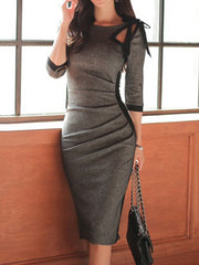 Tie Collar Plain Bodycon Dress