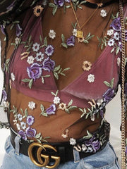 High Neck See Through Embroidery T-Shirts
