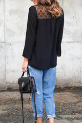 High Neck Hollow Out Patchwork Plain Blouses