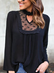 High Neck Hollow Out Patchwork Plain Blouses