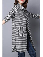 Turn Down Collar Single Breasted Plaid Long Sleeve Trench Coats