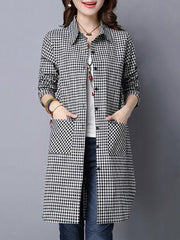 Turn Down Collar Single Breasted Plaid Long Sleeve Trench Coats