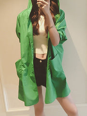 Hooded Plain Long Sleeve Trench Coats